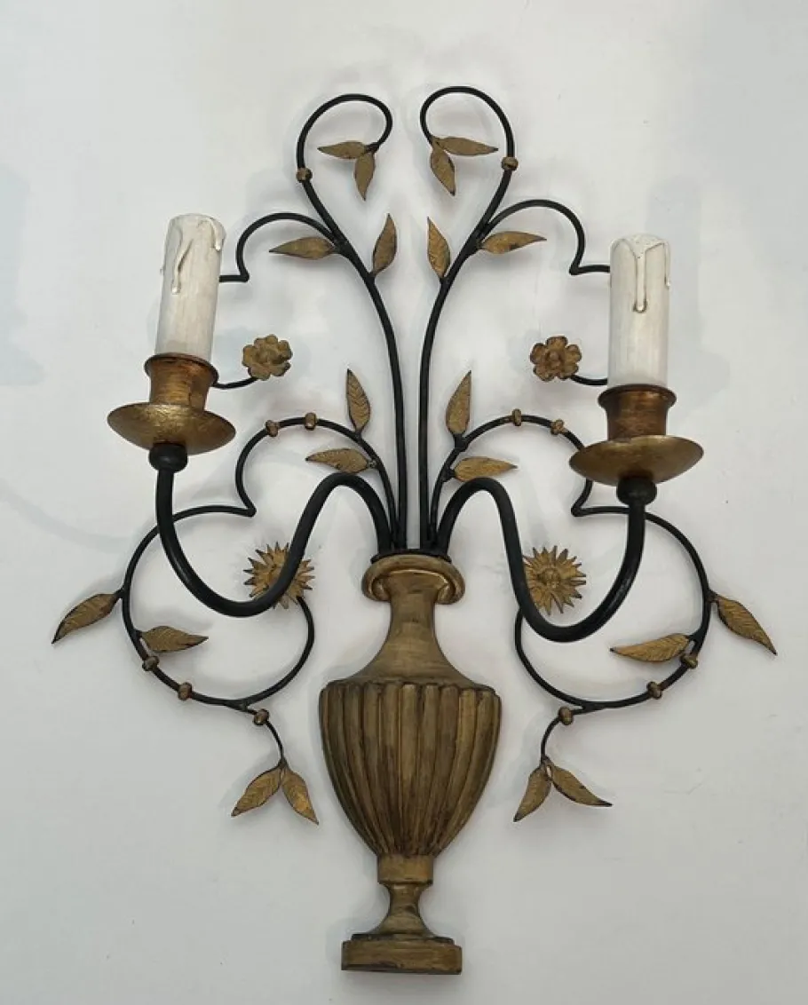 New Pamono Large Decorative Wall Lights in Wrought and Gilded Iron Representing a Bouquet of Flowers, Set of 2