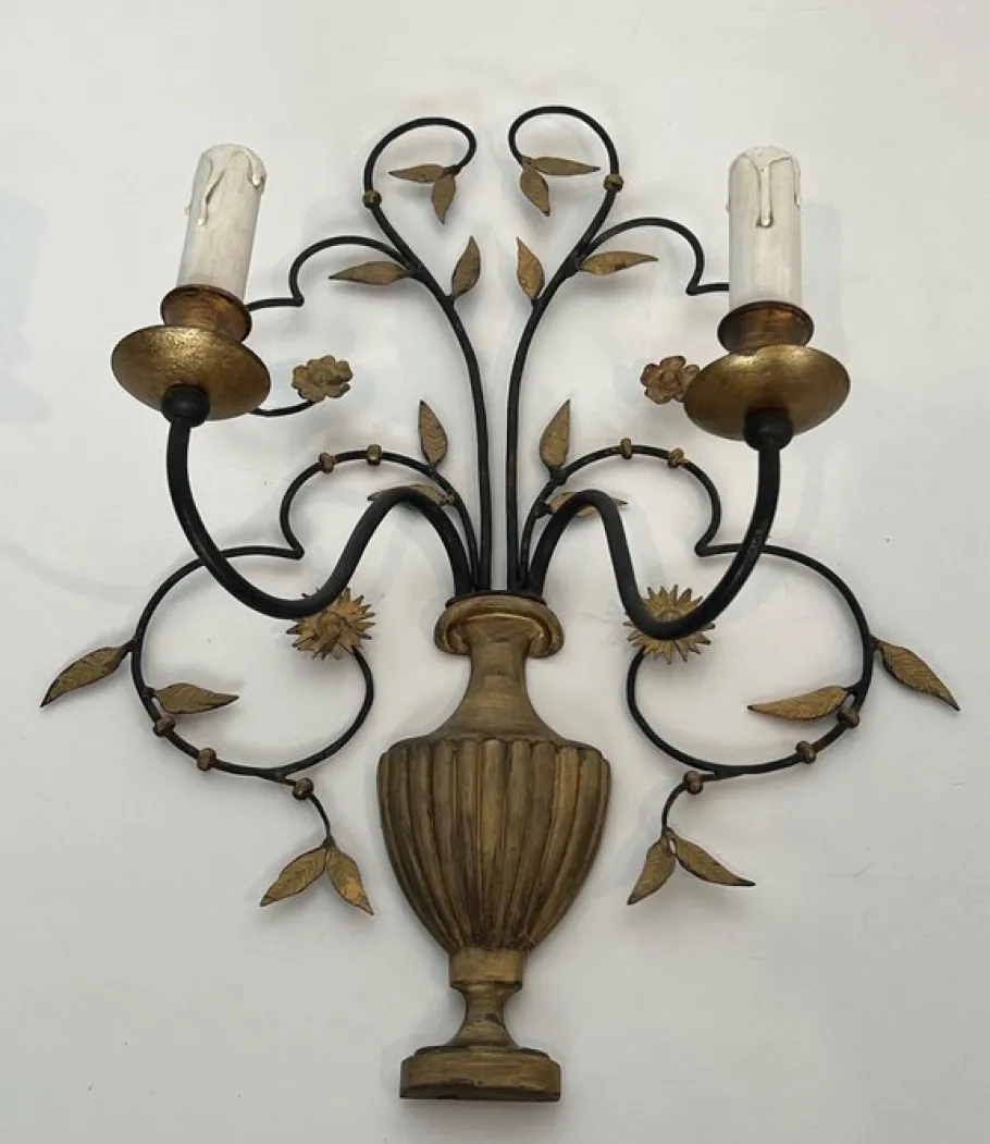 New Pamono Large Decorative Wall Lights in Wrought and Gilded Iron Representing a Bouquet of Flowers, Set of 2