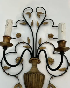 New Pamono Large Decorative Wall Lights in Wrought and Gilded Iron Representing a Bouquet of Flowers, Set of 2