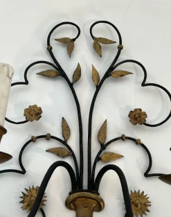 New Pamono Large Decorative Wall Lights in Wrought and Gilded Iron Representing a Bouquet of Flowers, Set of 2