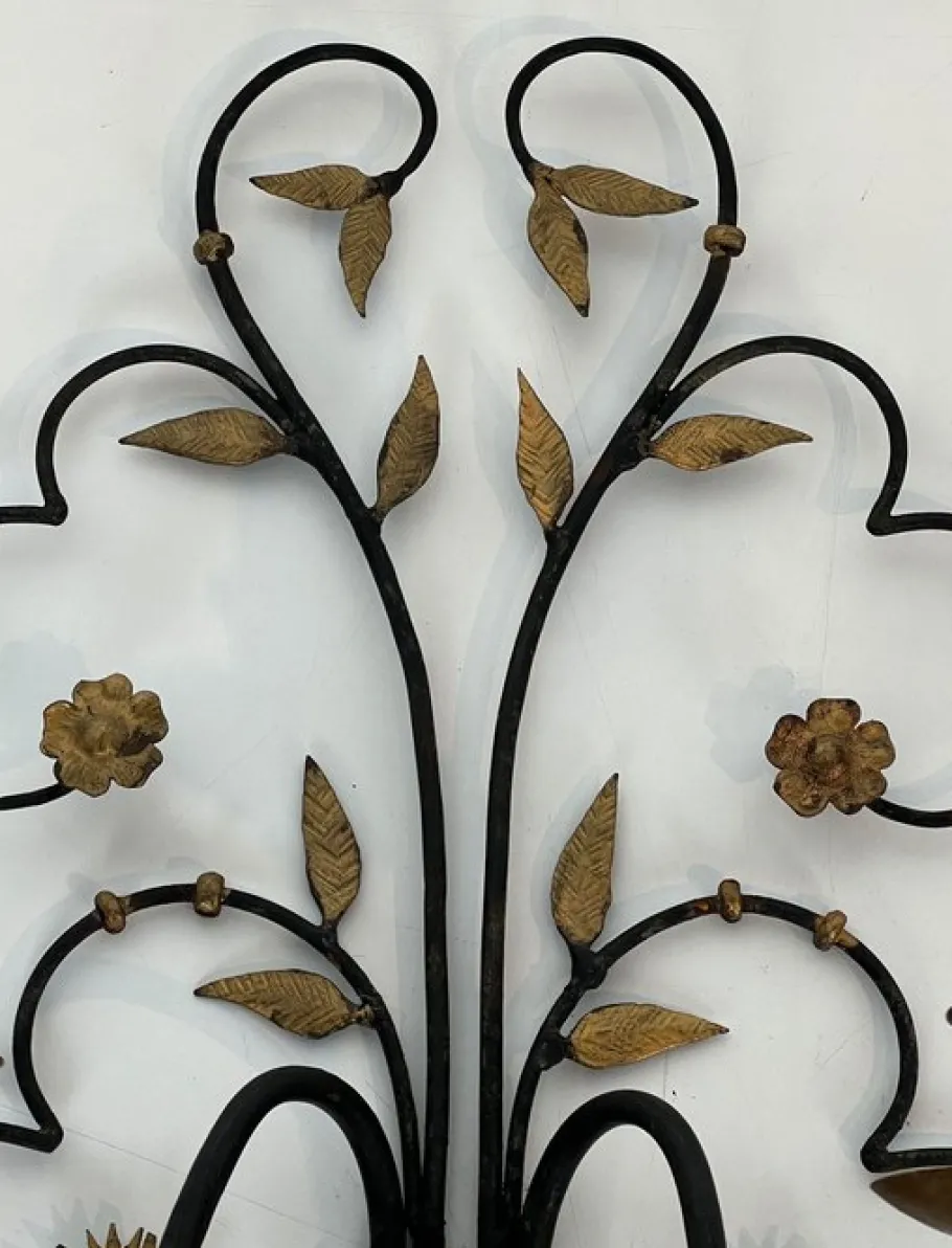 New Pamono Large Decorative Wall Lights in Wrought and Gilded Iron Representing a Bouquet of Flowers, Set of 2