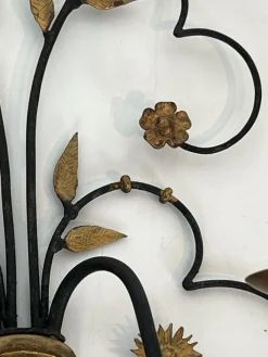 New Pamono Large Decorative Wall Lights in Wrought and Gilded Iron Representing a Bouquet of Flowers, Set of 2