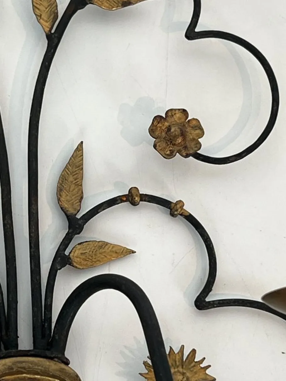 New Pamono Large Decorative Wall Lights in Wrought and Gilded Iron Representing a Bouquet of Flowers, Set of 2