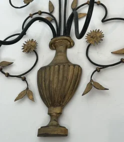 New Pamono Large Decorative Wall Lights in Wrought and Gilded Iron Representing a Bouquet of Flowers, Set of 2