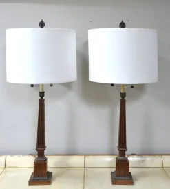 Online Pamono Large Empire Corinthian Column Lamps in Wood & Brass Gilt, 1960s, Set of 2