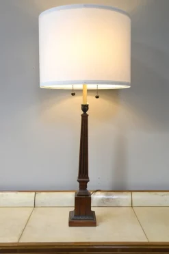 Online Pamono Large Empire Corinthian Column Lamps in Wood & Brass Gilt, 1960s, Set of 2