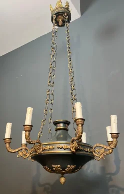 Sale Pamono Large Empire Style Chandelier in Bronze and Green Sheet Metal
