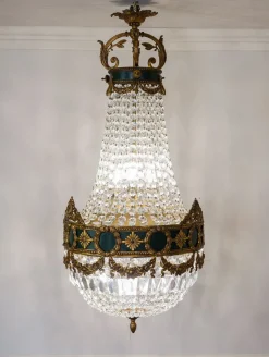 Hot Pamono Large Empire Style Crystal and Bronze 6-Light Chandelier, 1930s