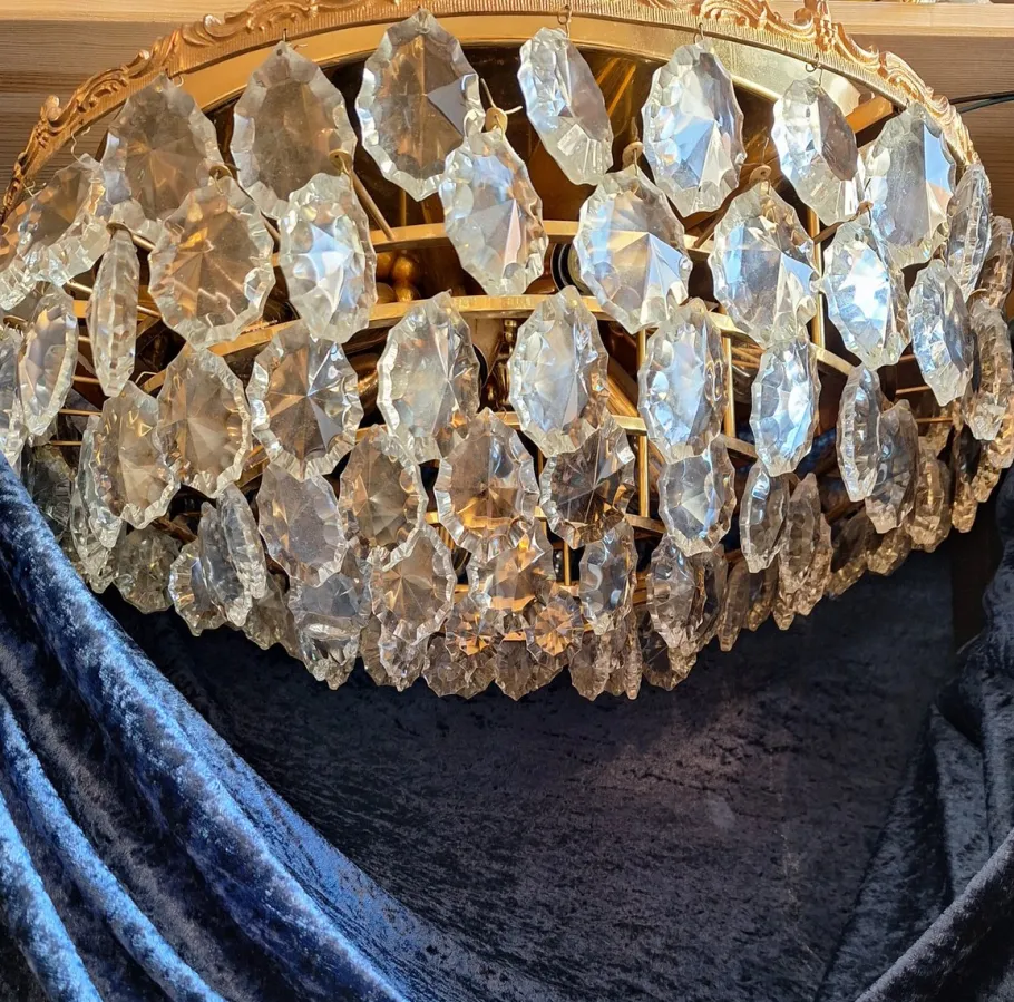 Online Pamono Large Flat Vintage Ceiling Lamp with Gold-Plated Metal Frame & Cut Crystal Glass Shade