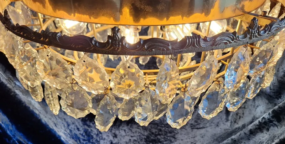 Online Pamono Large Flat Vintage Ceiling Lamp with Gold-Plated Metal Frame & Cut Crystal Glass Shade