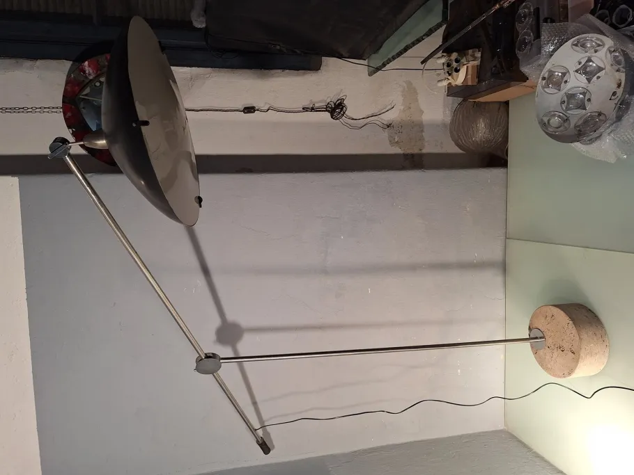 Sale Pamono Large Floor Lamp in Chromed Metal with Black Acrylic Glass Lampshade and Travertine Base, 1960s