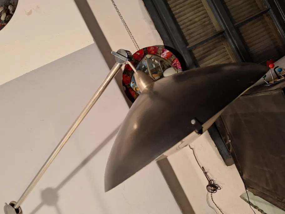 Sale Pamono Large Floor Lamp in Chromed Metal with Black Acrylic Glass Lampshade and Travertine Base, 1960s