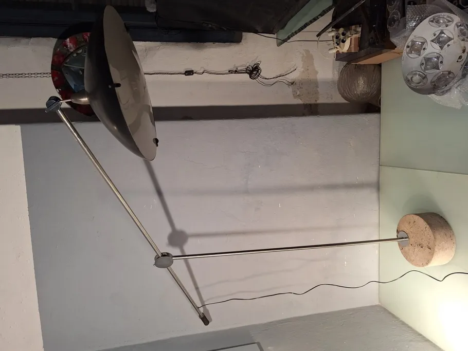 Sale Pamono Large Floor Lamp in Chromed Metal with Black Acrylic Glass Lampshade and Travertine Base, 1960s