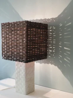 Sale Pamono Large Floor Lamp with White Ceramic Base and Woven Shade, 1970s