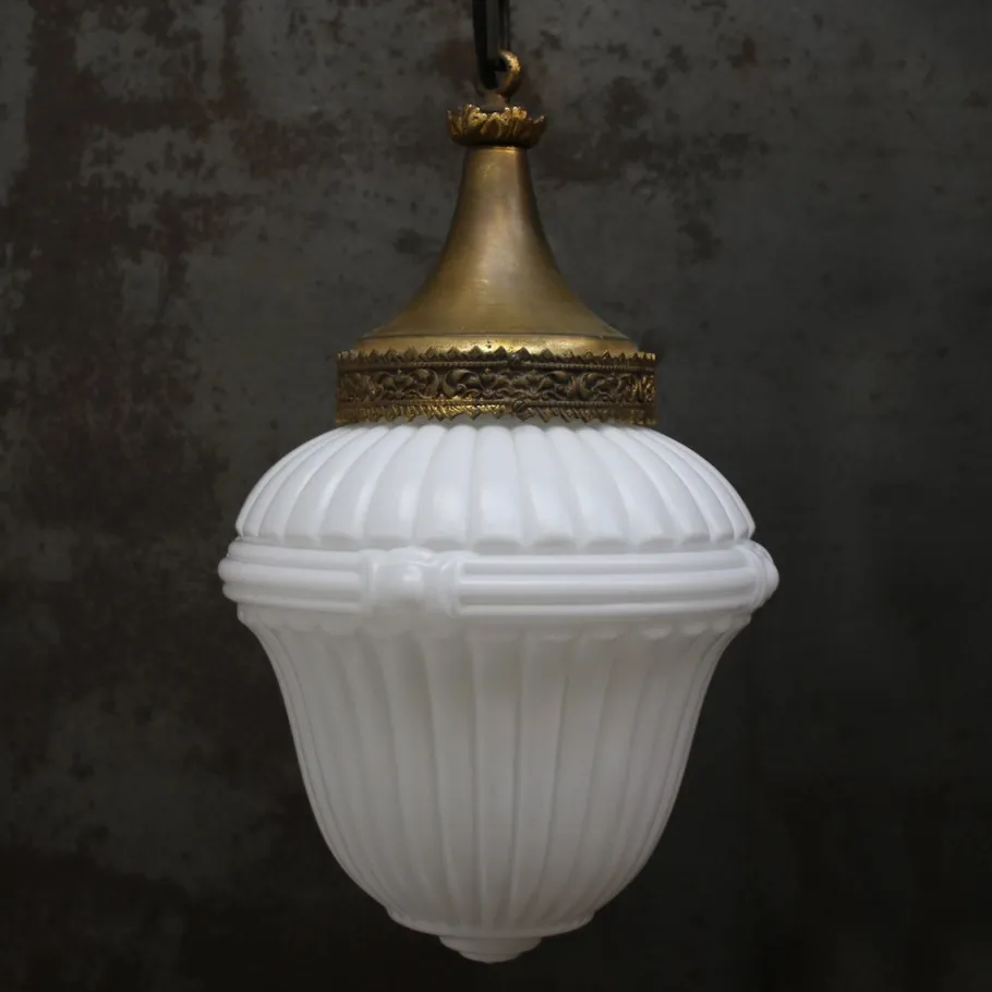 Clearance Pamono Large French White Opaline Glass and Brass Pendant Lamp