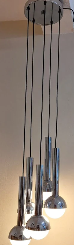 New Pamono Large German Chrome-Plated Metal Cascade Lamp with Opaque Glass Shades, 1970s