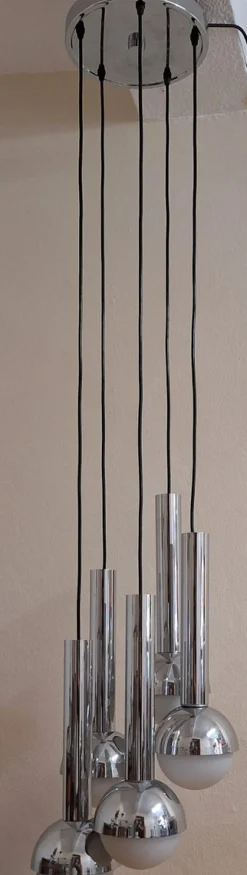 New Pamono Large German Chrome-Plated Metal Cascade Lamp with Opaque Glass Shades, 1970s