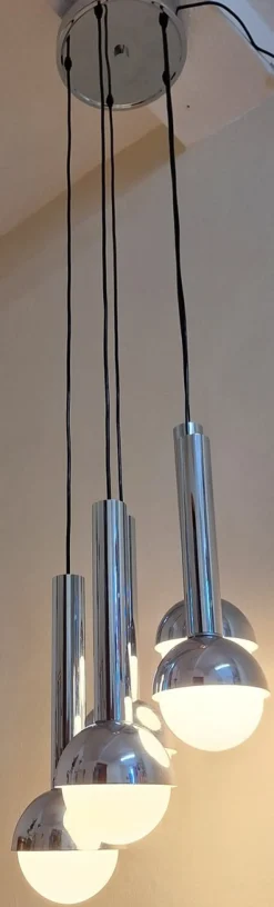 New Pamono Large German Chrome-Plated Metal Cascade Lamp with Opaque Glass Shades, 1970s