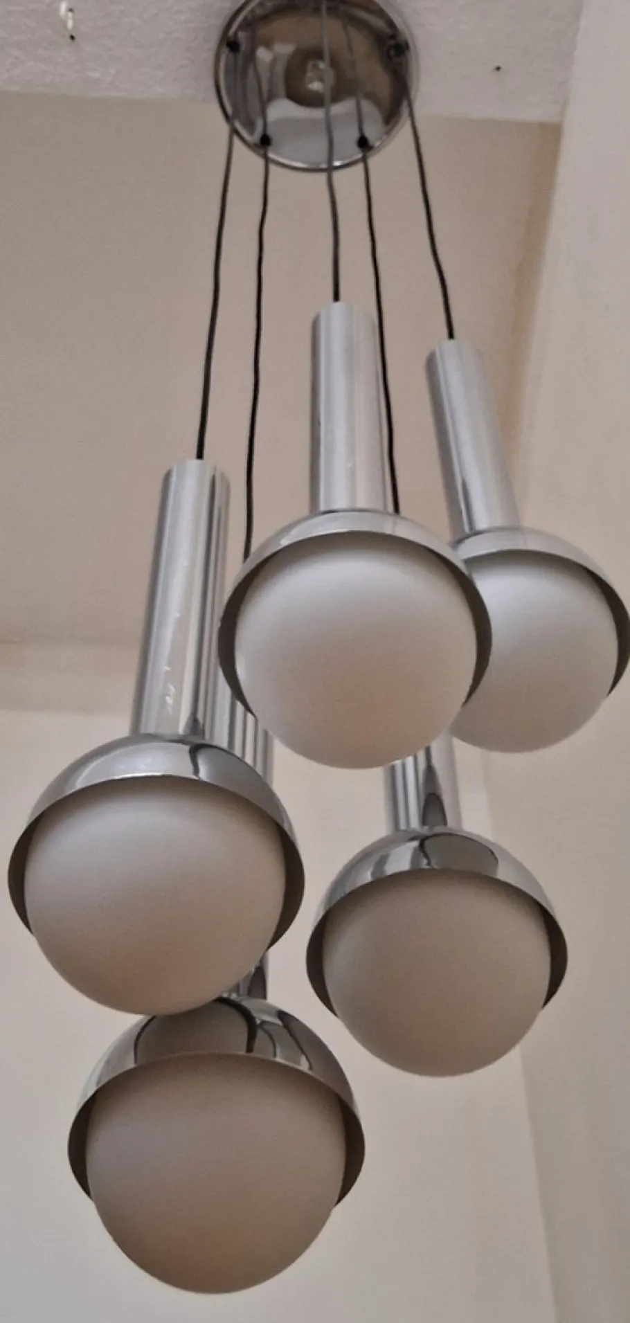 New Pamono Large German Chrome-Plated Metal Cascade Lamp with Opaque Glass Shades, 1970s