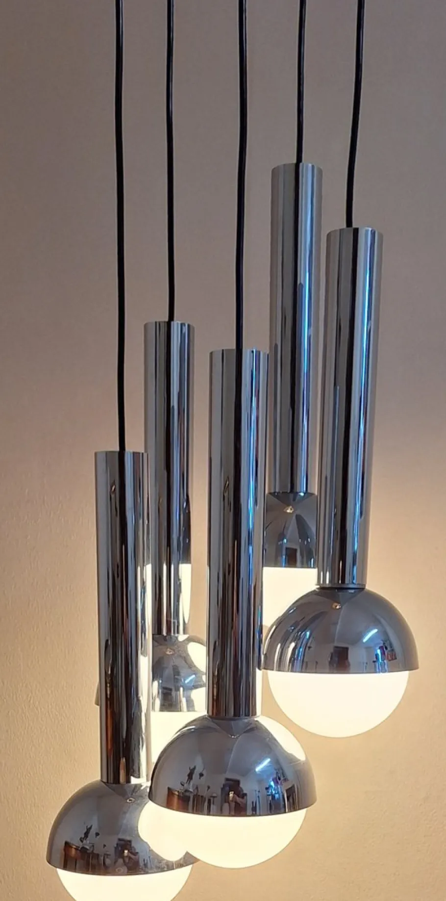 New Pamono Large German Chrome-Plated Metal Cascade Lamp with Opaque Glass Shades, 1970s