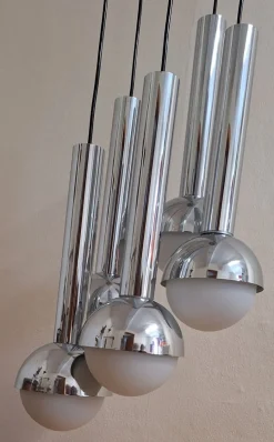 New Pamono Large German Chrome-Plated Metal Cascade Lamp with Opaque Glass Shades, 1970s
