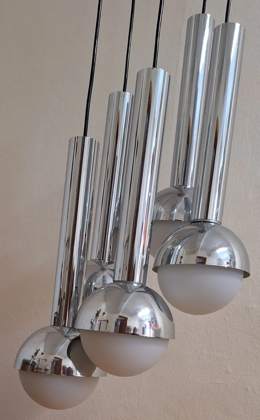 New Pamono Large German Chrome-Plated Metal Cascade Lamp with Opaque Glass Shades, 1970s