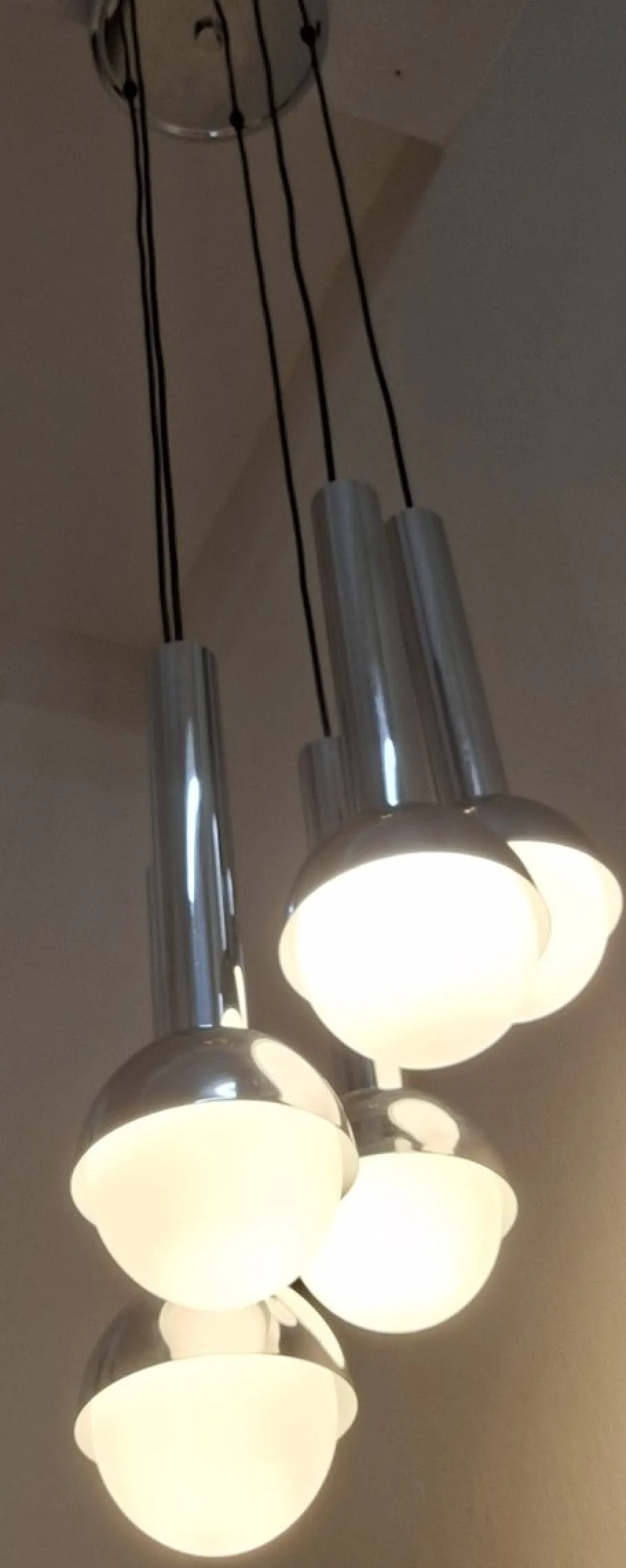 New Pamono Large German Chrome-Plated Metal Cascade Lamp with Opaque Glass Shades, 1970s