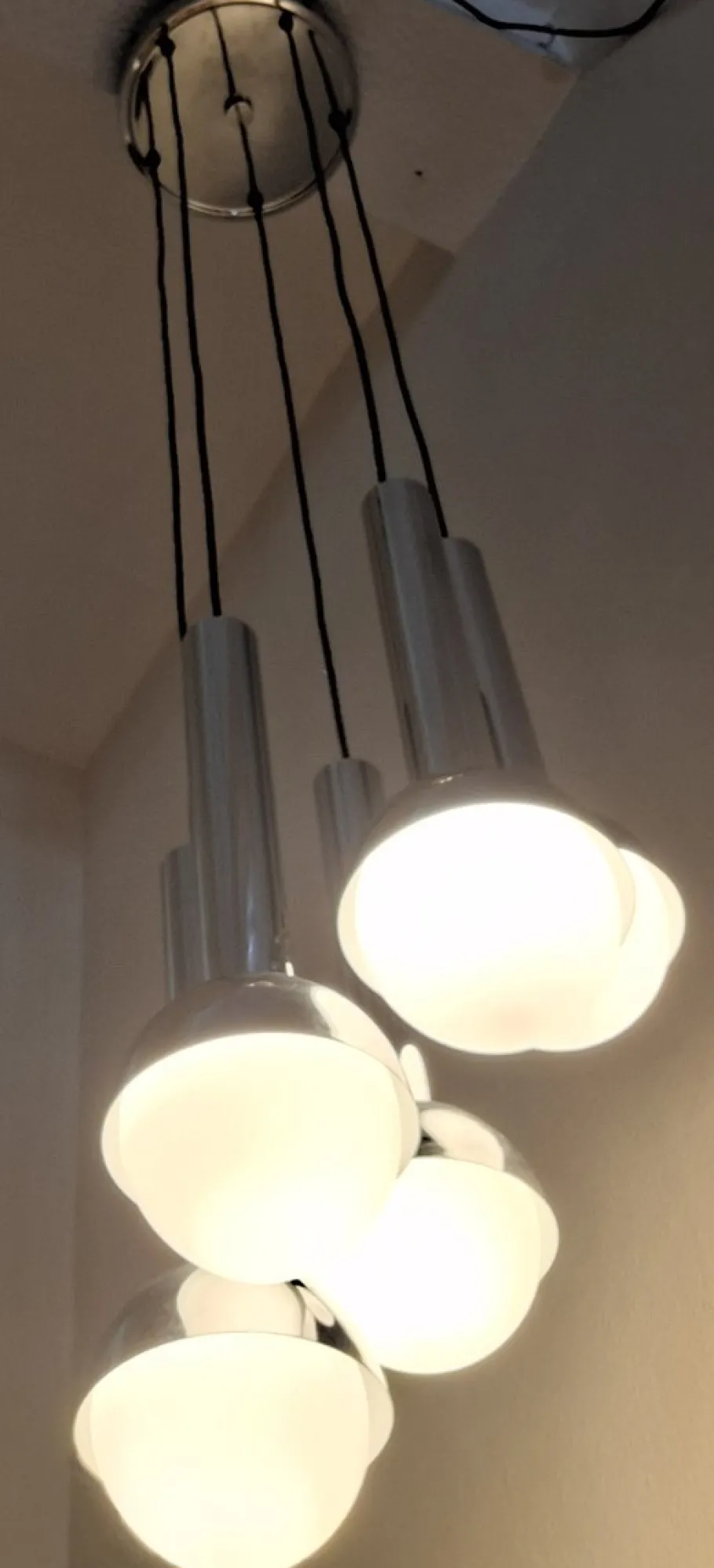 New Pamono Large German Chrome-Plated Metal Cascade Lamp with Opaque Glass Shades, 1970s