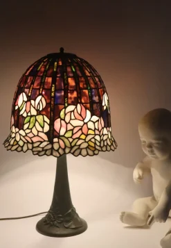 Online Pamono Large Glass Mosaic Table Lamp with Bronze Water Lily Lamp Base in the style of Tiffany