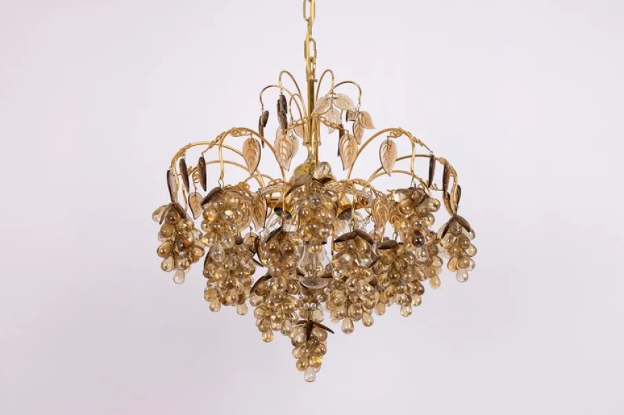 New Pamono Large Grape Chandelier in Gilt Brass attributed to Palwa, Germany, 1970s