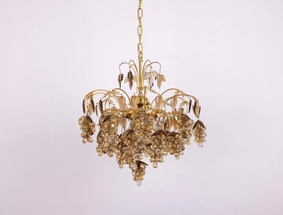 New Pamono Large Grape Chandelier in Gilt Brass attributed to Palwa, Germany, 1970s