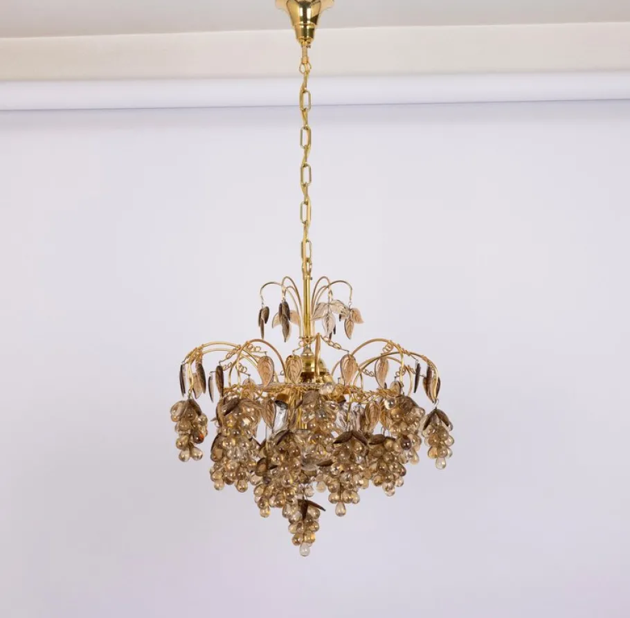 New Pamono Large Grape Chandelier in Gilt Brass attributed to Palwa, Germany, 1970s
