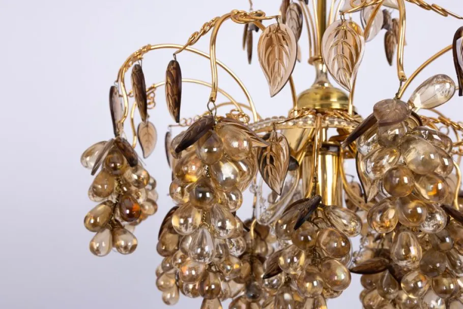 New Pamono Large Grape Chandelier in Gilt Brass attributed to Palwa, Germany, 1970s