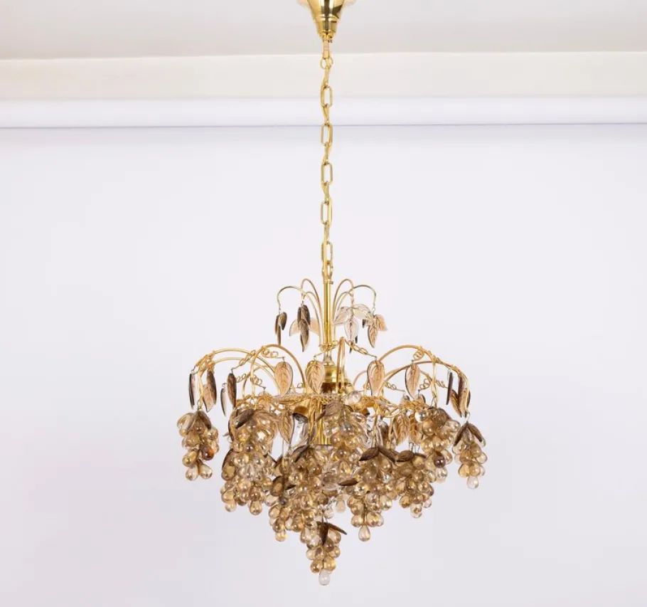 New Pamono Large Grape Chandelier in Gilt Brass attributed to Palwa, Germany, 1970s
