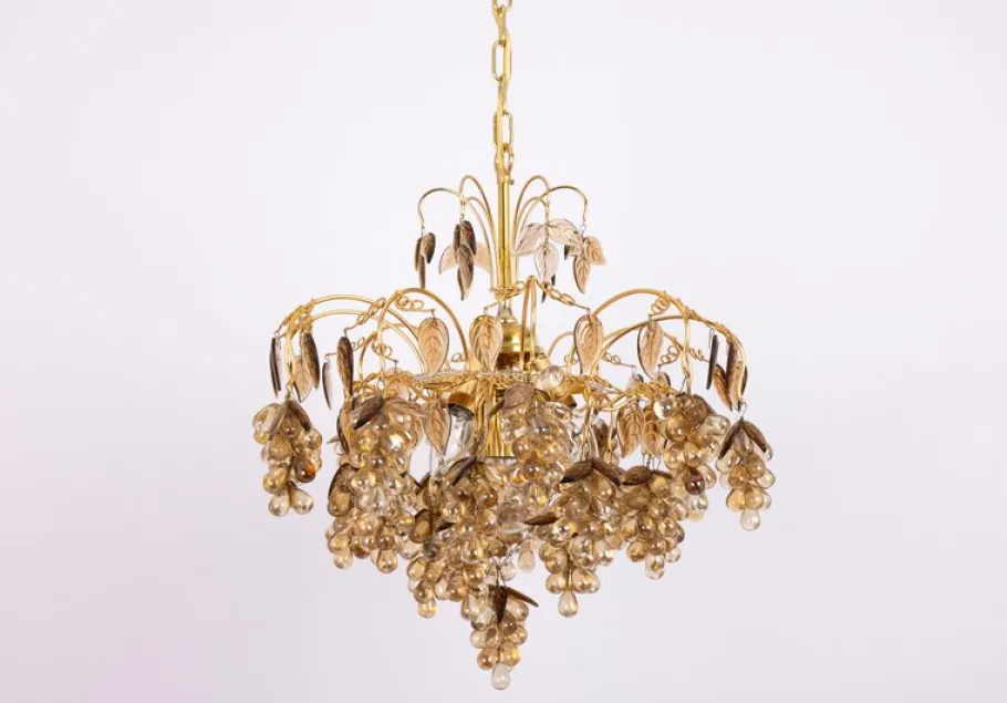 New Pamono Large Grape Chandelier in Gilt Brass attributed to Palwa, Germany, 1970s