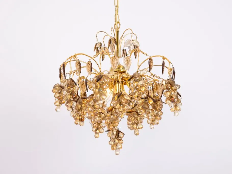 New Pamono Large Grape Chandelier in Gilt Brass attributed to Palwa, Germany, 1970s