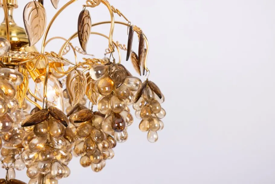 New Pamono Large Grape Chandelier in Gilt Brass attributed to Palwa, Germany, 1970s