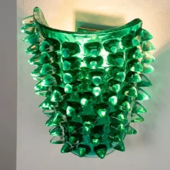 Sale Pamono Large Green Murano Glass Wall Lamps with Spikes and Gold Finish Frames, 1990s, Set of 2