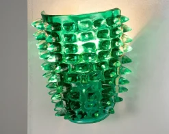 Sale Pamono Large Green Murano Glass Wall Lamps with Spikes and Gold Finish Frames, 1990s, Set of 2