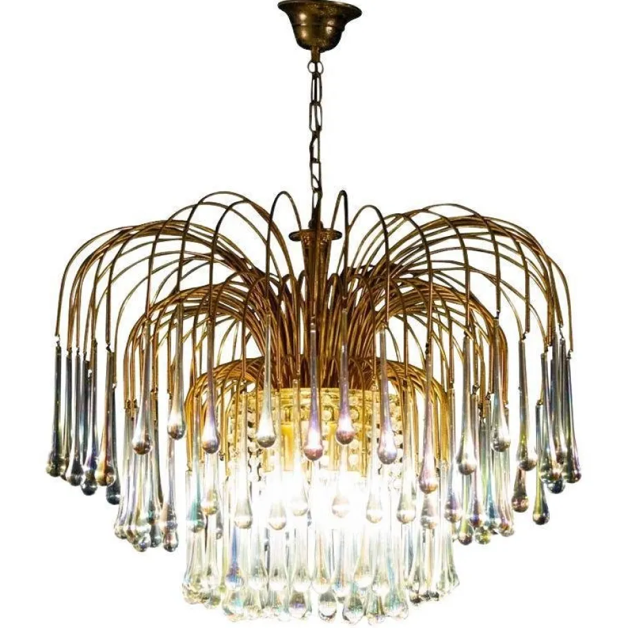 New Pamono Large Iridescent Murano Glass Drops Chandelier in the Style of Venini, 1970s