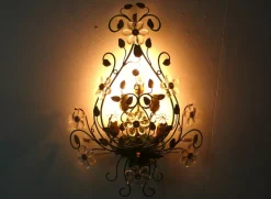 Discount Pamono Large Italian Florentine Style Wall Sconce in Green Metal with Crystal Flowers, 1960s