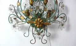 Discount Pamono Large Italian Florentine Style Wall Sconce in Green Metal with Crystal Flowers, 1960s