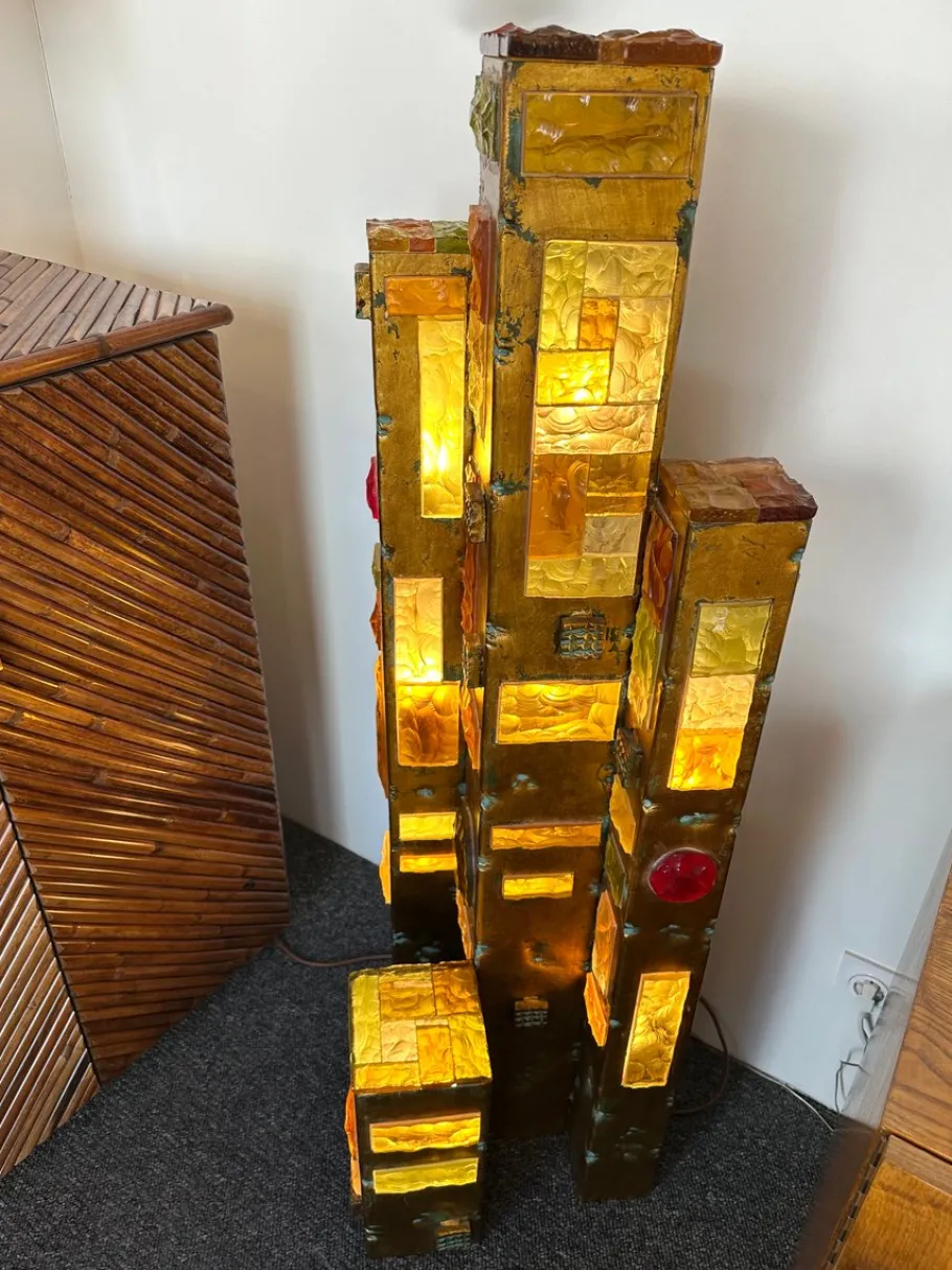 Discount Pamono Large Italian Hammered Glass and Gilt Wrought Iron Floor Lamp from Longobard, 1970s