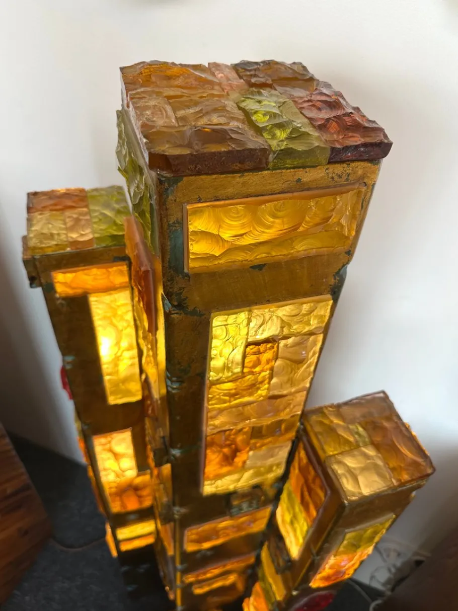 Discount Pamono Large Italian Hammered Glass and Gilt Wrought Iron Floor Lamp from Longobard, 1970s