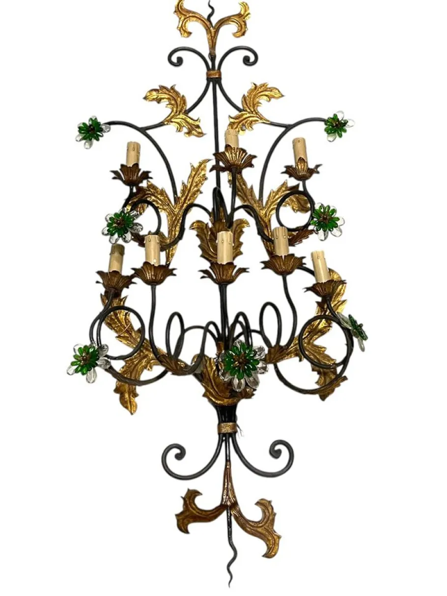 Best Pamono Large Italian Tole Wall Light with Murano Glass Flowers, 1960s