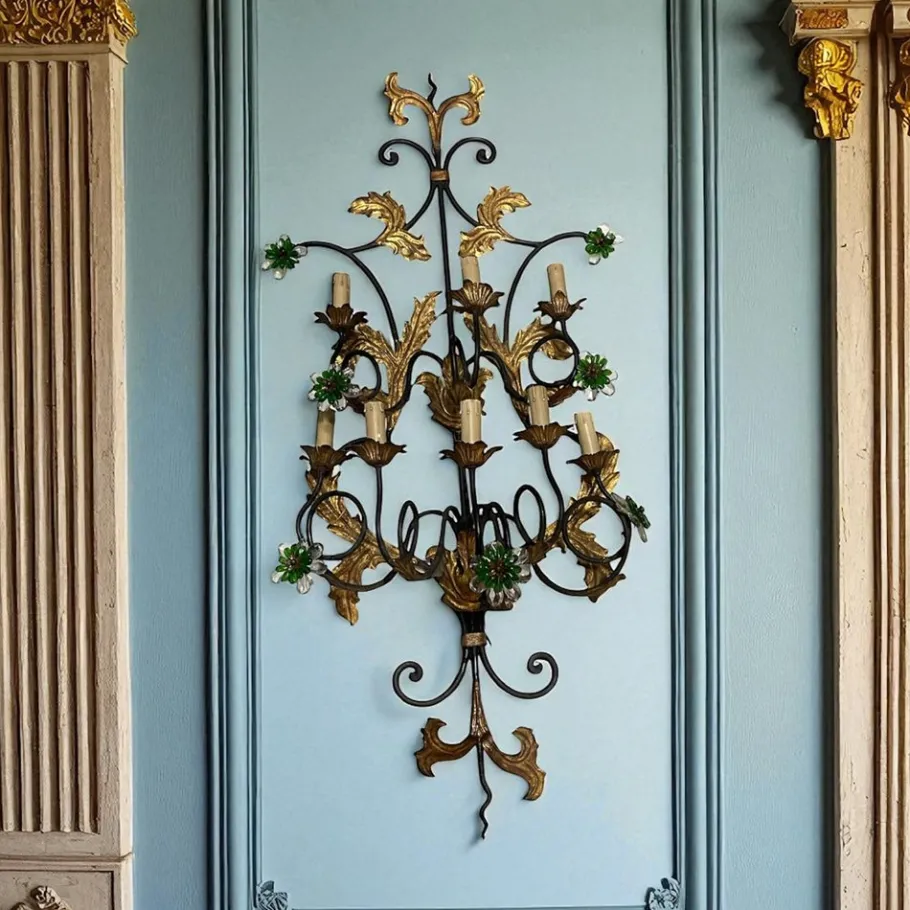 Best Pamono Large Italian Tole Wall Light with Murano Glass Flowers, 1960s