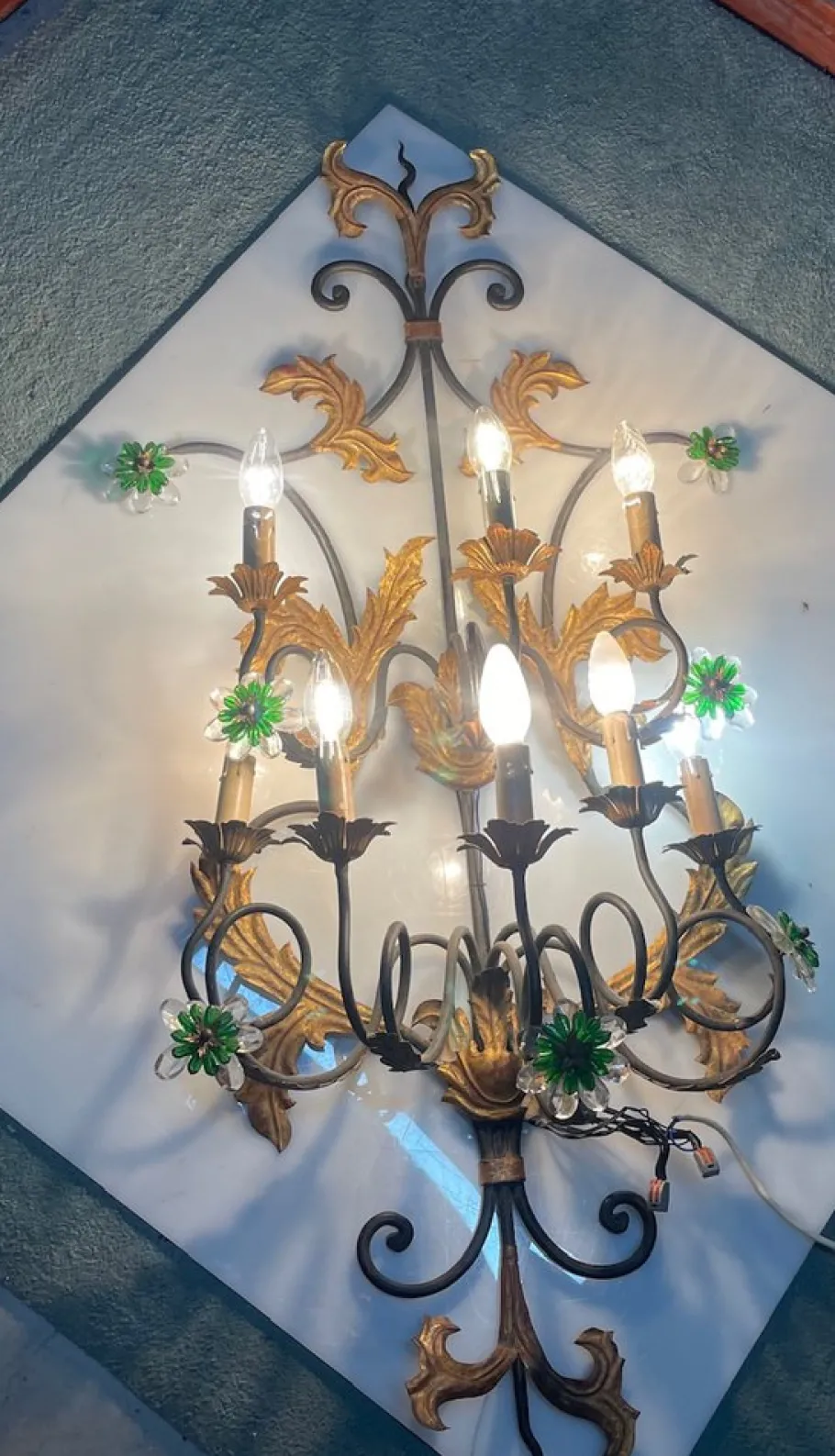 Best Pamono Large Italian Tole Wall Light with Murano Glass Flowers, 1960s