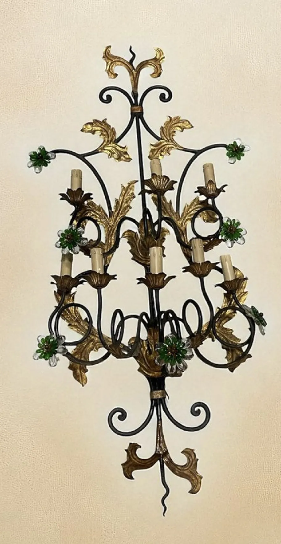 Best Pamono Large Italian Tole Wall Light with Murano Glass Flowers, 1960s