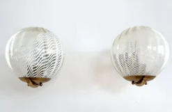 Hot Pamono Large Italian Wall Lights with White Striped Wavy Glass Globes, 1970s, Set of 2