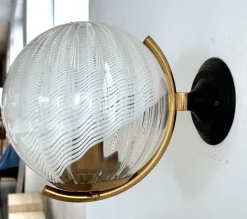 Hot Pamono Large Italian Wall Lights with White Striped Wavy Glass Globes, 1970s, Set of 2